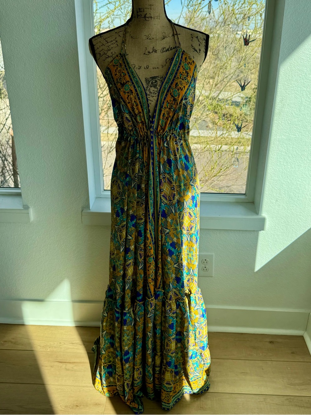 Bohemian Floral V-Neck Maxi Dress in Mustard and Teal